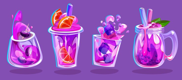 Free Vector pink cocktail in glass cup with splashes and straw