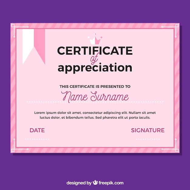 Pink color diploma of recognition