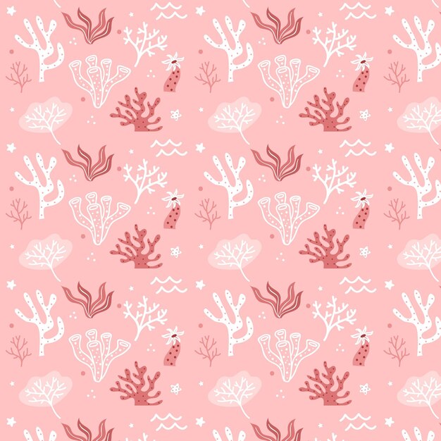 Pink coral pattern template with seaweed