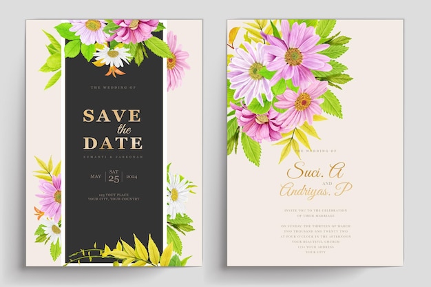 Free vector pink daisy floral watercolor invitation card set