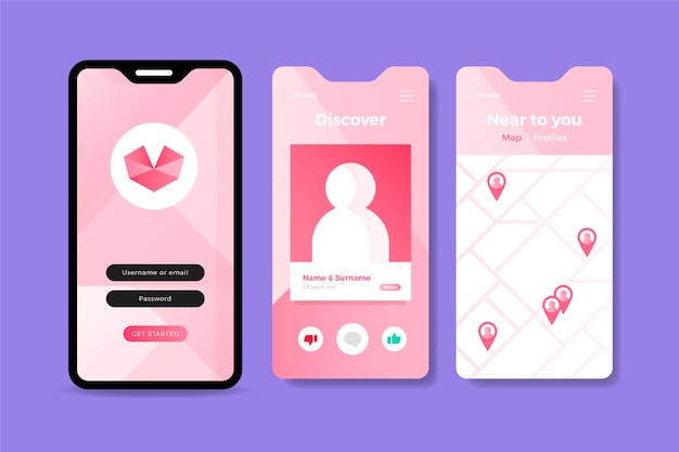 Розовый интерфейс приложения для знакомств на мобильном телефоне