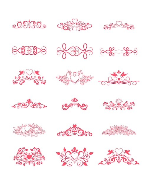 Pink Decorative Vector Curly Elements with Hearts and Flowers