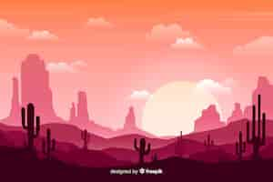 Free vector pink desert with bright sun and cloudy sky