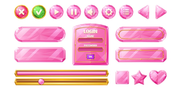 ゲームビデオプレーヤーまたはウェブサイトのベクトル漫画セットのユーザーインターフェイスデザイン用のピンクのひし形ボタン...