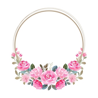 Acquerello di corona floreale rosa con cerchi