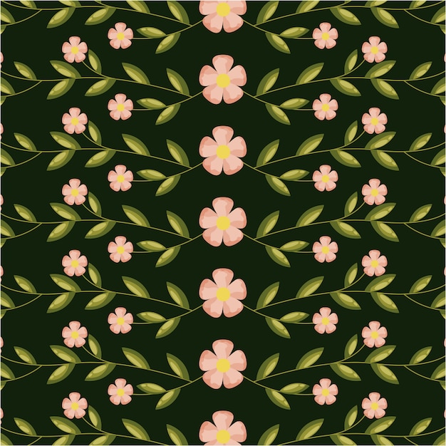 Pink flowers and green leaves, pattern illustration