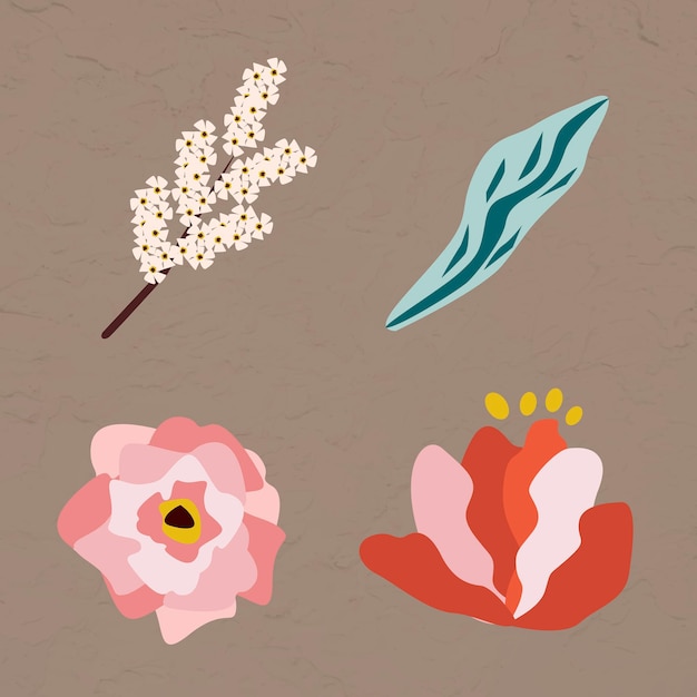 Free vector pink flowers and leaves element set on a brown background vector