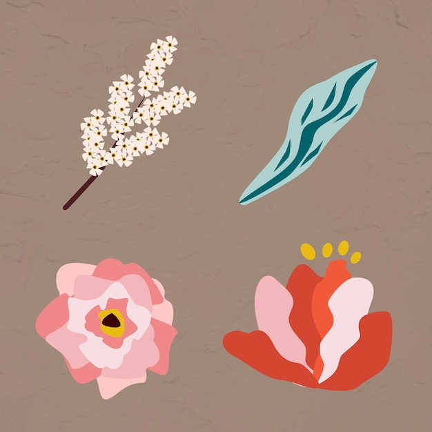 Pink flowers and leaves element set on a brown background vector