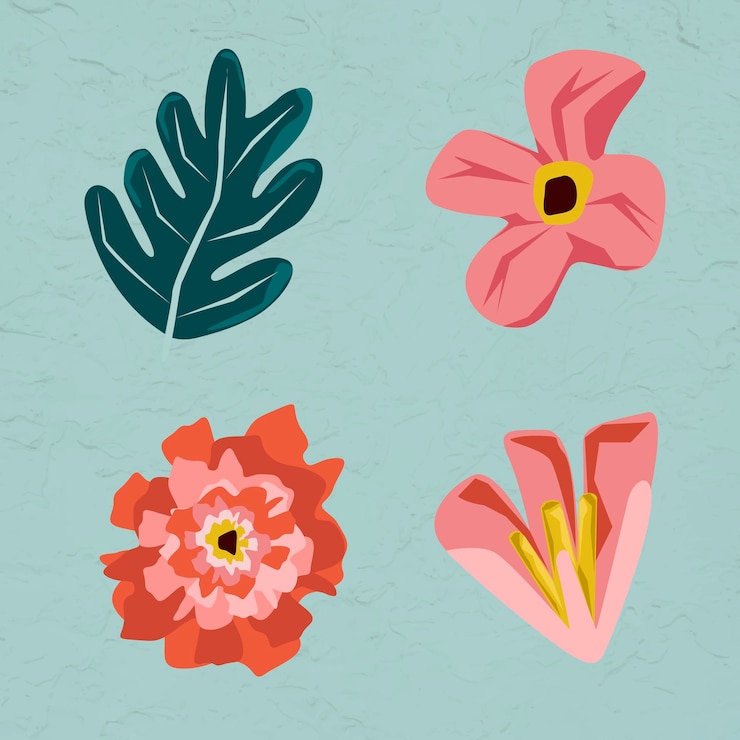 Free Vector pink flowers and leaves element set on a green background 