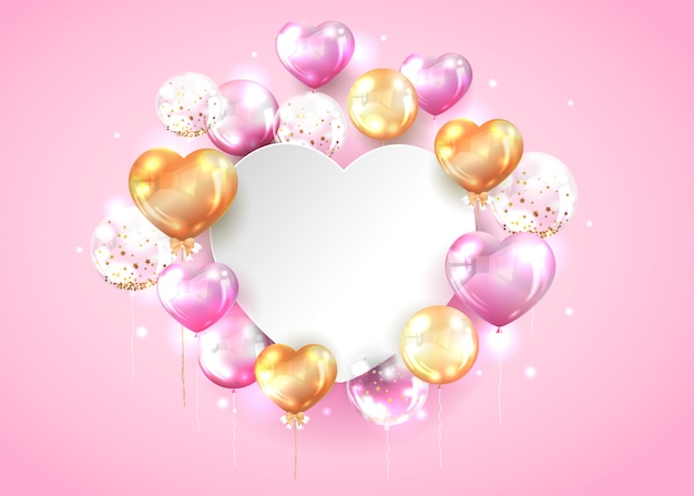 Pink and gold balloon with copy space in heart shape