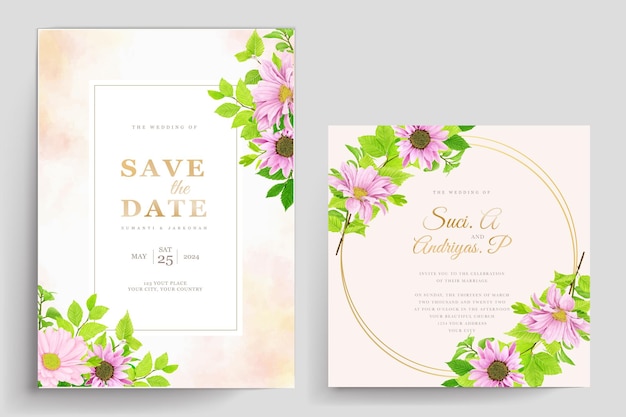 Free vector pink and green floral watercolor background invitation card set