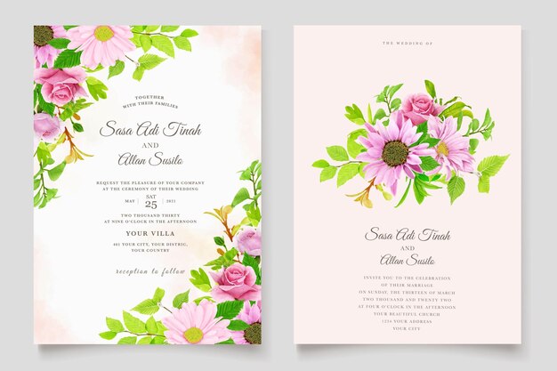 pink and green floral watercolor background invitation card set