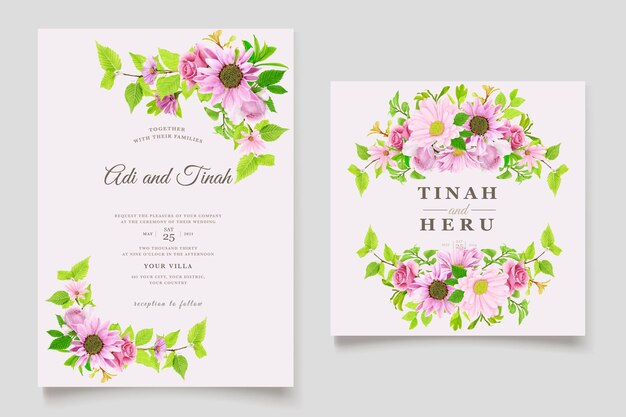 Free vector pink and green floral watercolor background invitation card set