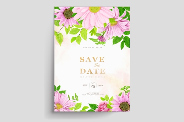 분홍색과 초록색 꽃 수채화 배경 초청 카드 세트