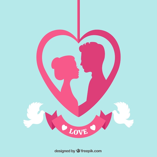 Free vector pink heart with silhouettes of lovers hanging on a rope