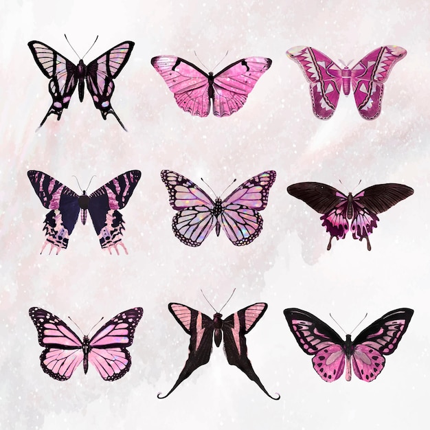 Pink holographic and glittery butterfly design element set vector