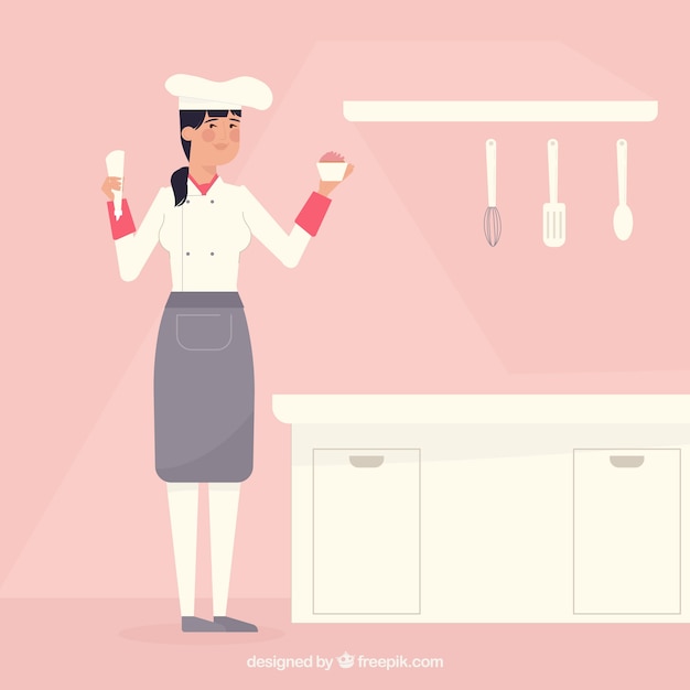 Free vector pink kitchen background with pastry chef