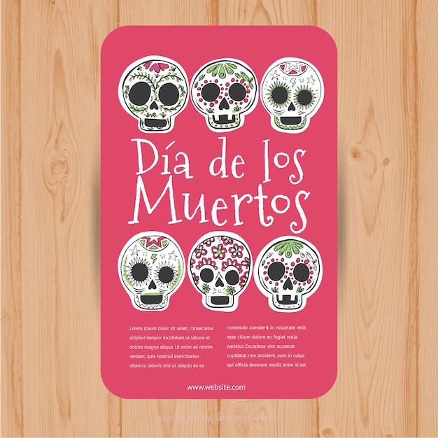 Pink leaflet with six decorative mexican skulls