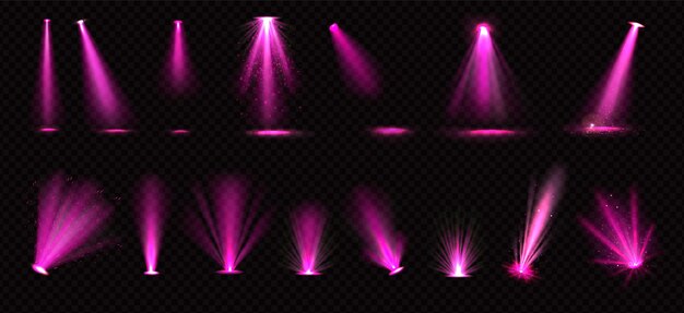 Pink light beams from spotlights and floor projectors isolated