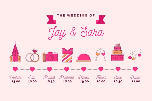 Розовый линейный стиль графика времени свадьбы