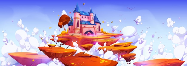 Pink magic castle on floating island in blue sky