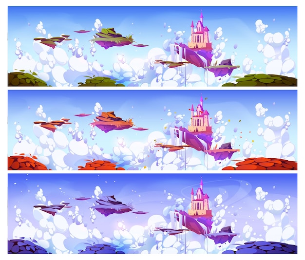 Free vector pink magic castle on floating island in cloudy sky