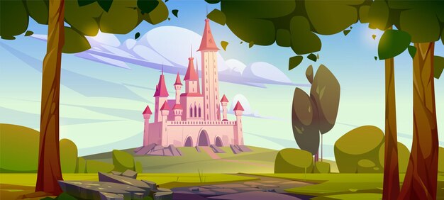 Розовый волшебный замок на зеленом холме сказочный дворец