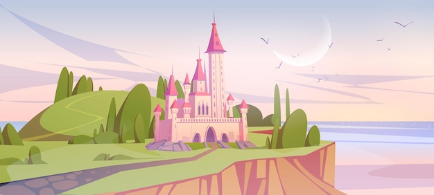 Розовый волшебный замок на скале зеленого моря утром
