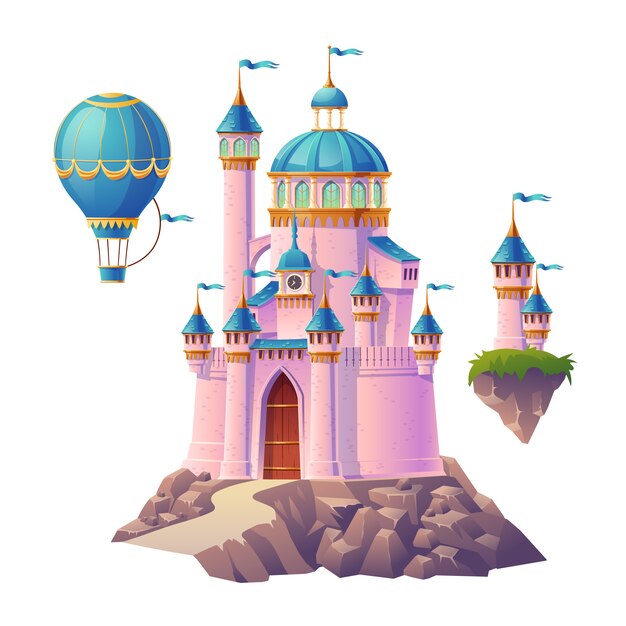 Pink magic castle, princess or fairy palace, air balloon and flying turrets with flags. Fantasy royal fortress, cute medieval architecture isolated on white background. Cartoon illustration