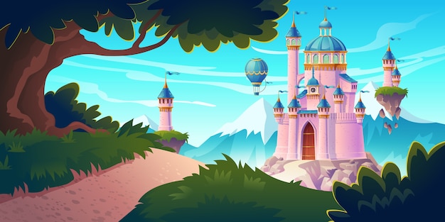 Pink magic castle, princess or fairy palace at mountains with rocky road lead to gates with flying turrets and air balloons in sky. Fantasy fortress, medieval architecture. Cartoon illustration