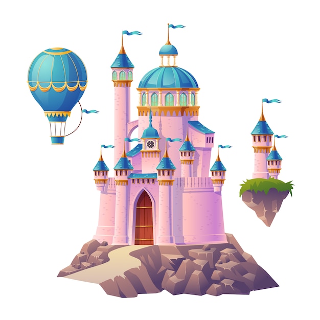 핑크 마법의 성, 공주 또는 요정 궁전, 공기 풍선 및 플래그와 함께 포탑 비행. 판타지 왕 요새, 귀여운 중세 건축 흰색 배경에 고립. 만화 삽화