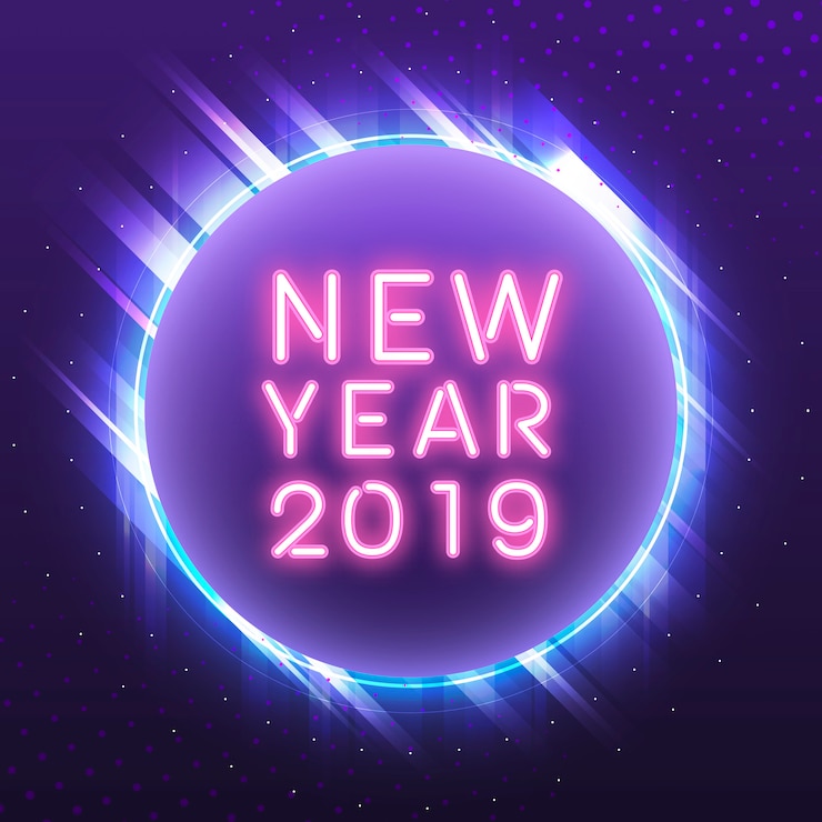 Free Vector pink new year 2019 in a blue circle neon sign vector