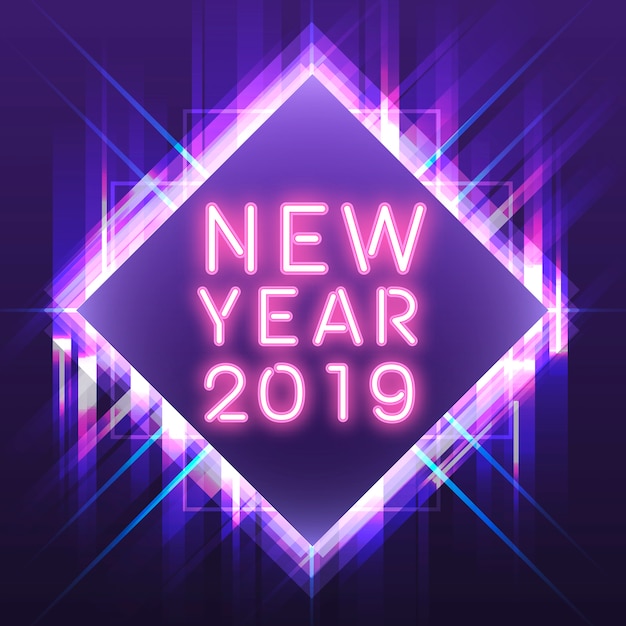 Pink new year 2019 in a purple square neon sign 