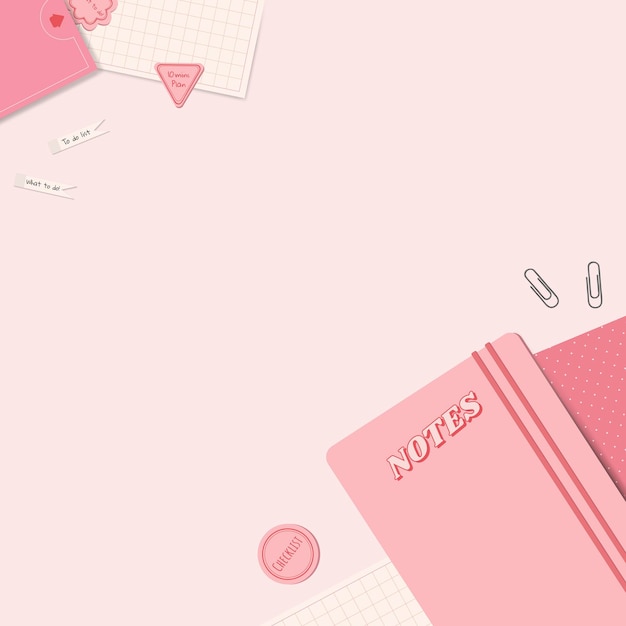 Pink notepads, clips, notes and office supplies