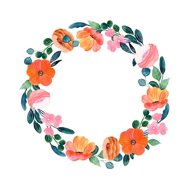 Pink orange floral wreath with watercolor