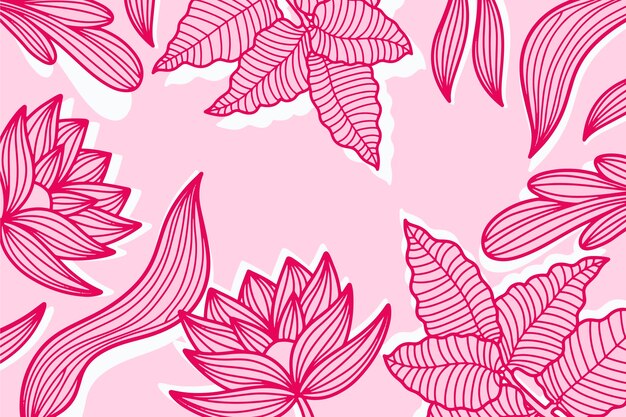 Pink pastel linear tropical leaves background