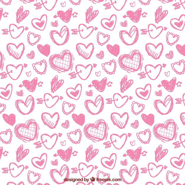 Pink pattern of hand-drawn hearts for valentines day