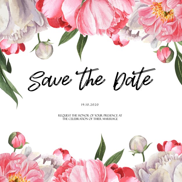 Розовый пион цветущий цветок ботанический акварель свадебные открытки приглашение цветочная акварель