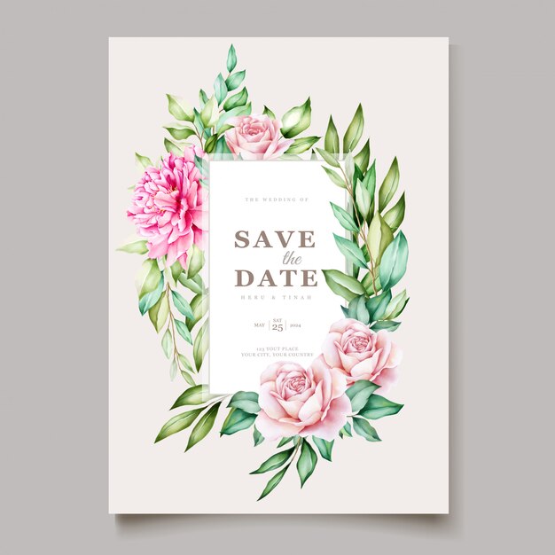 Pink peony blooming flower watercolor wedding cards template