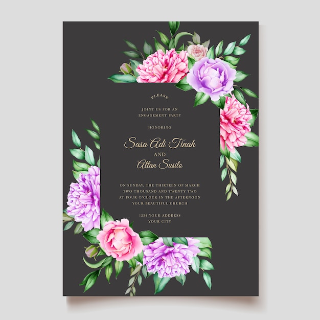 Pink peony blooming flower watercolor wedding cards template