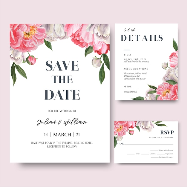 Pink peony  flowers watercolor bouquets invitation card, save the date