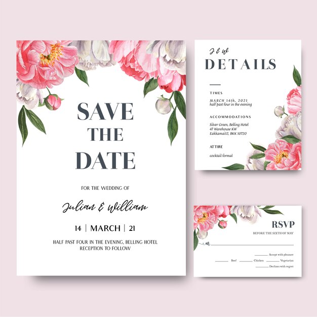 ピンクの牡丹の花の水彩画の花束の招待カード、日付を保存