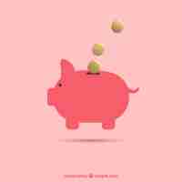 Free vector pink piggy bank background with coins in flat design