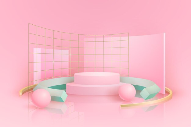 Pink podium with metal grids in 3d effect