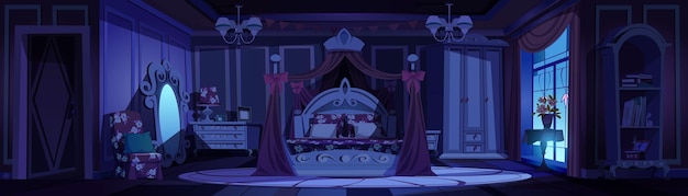 Pink princess bedroom interior at night background