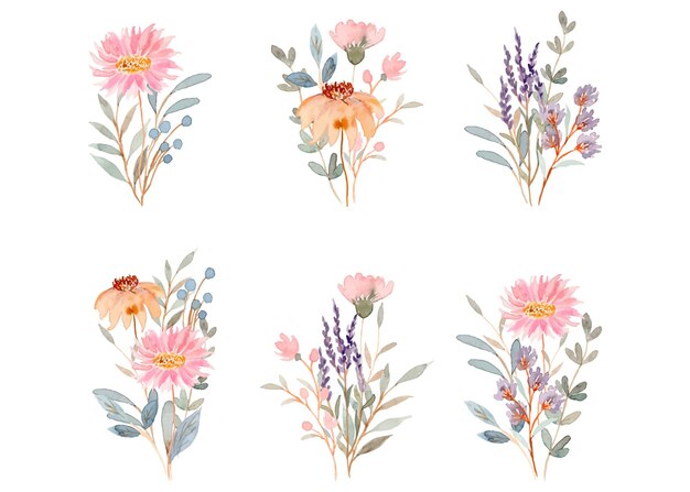 Pink purple floral bouquet collection with watercolor