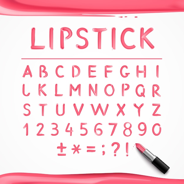 Pink red glossy english alphabet letters and mathematical symbols hand drawn with lipstick 