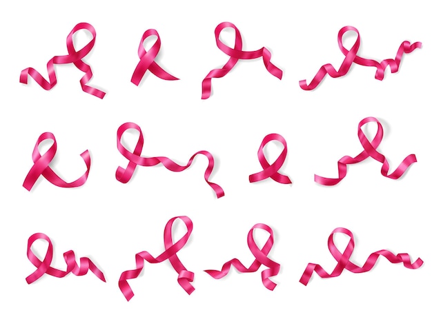無料ベクター ピンクリボン乳がん意識月間シンボル品種12リアルな画像セット白背景ベクトルイラスト