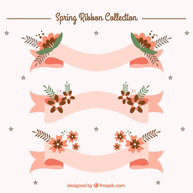 Pink ribbons with spring flowers in flat design