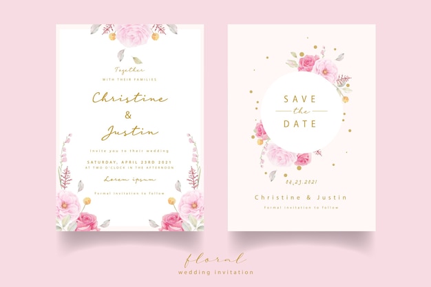 Free vector pink rose watercolor wedding invitation